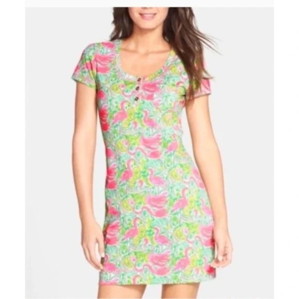 Lilly Pulitzer Britton Flamingo Paisley Shirt Dress XS Pink Green Yellow Casual